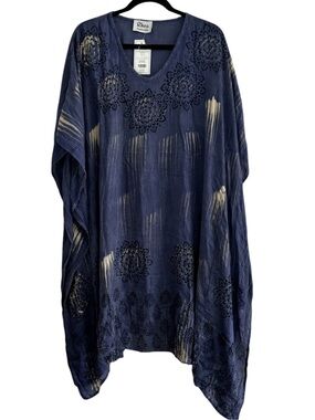 Rhea Boho Mandala Kaftan Dress V-Neck Blue Tie Dye Cover Up OSFA NWT
